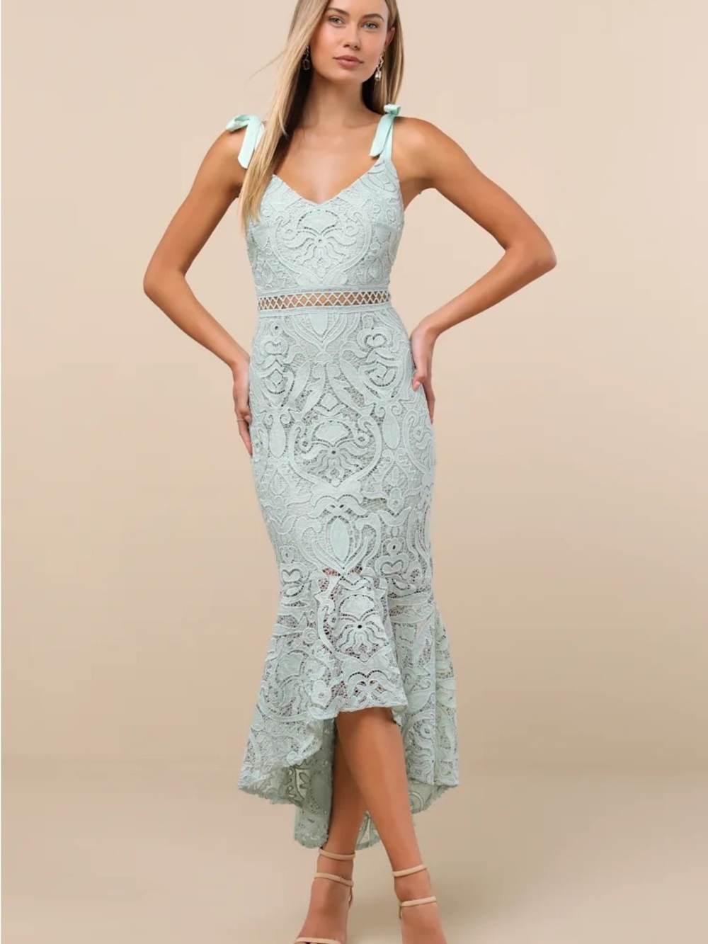 Lulus Won Your Heart Sage Green Lace Tie-Strap High-Low Midi Dress Size XS